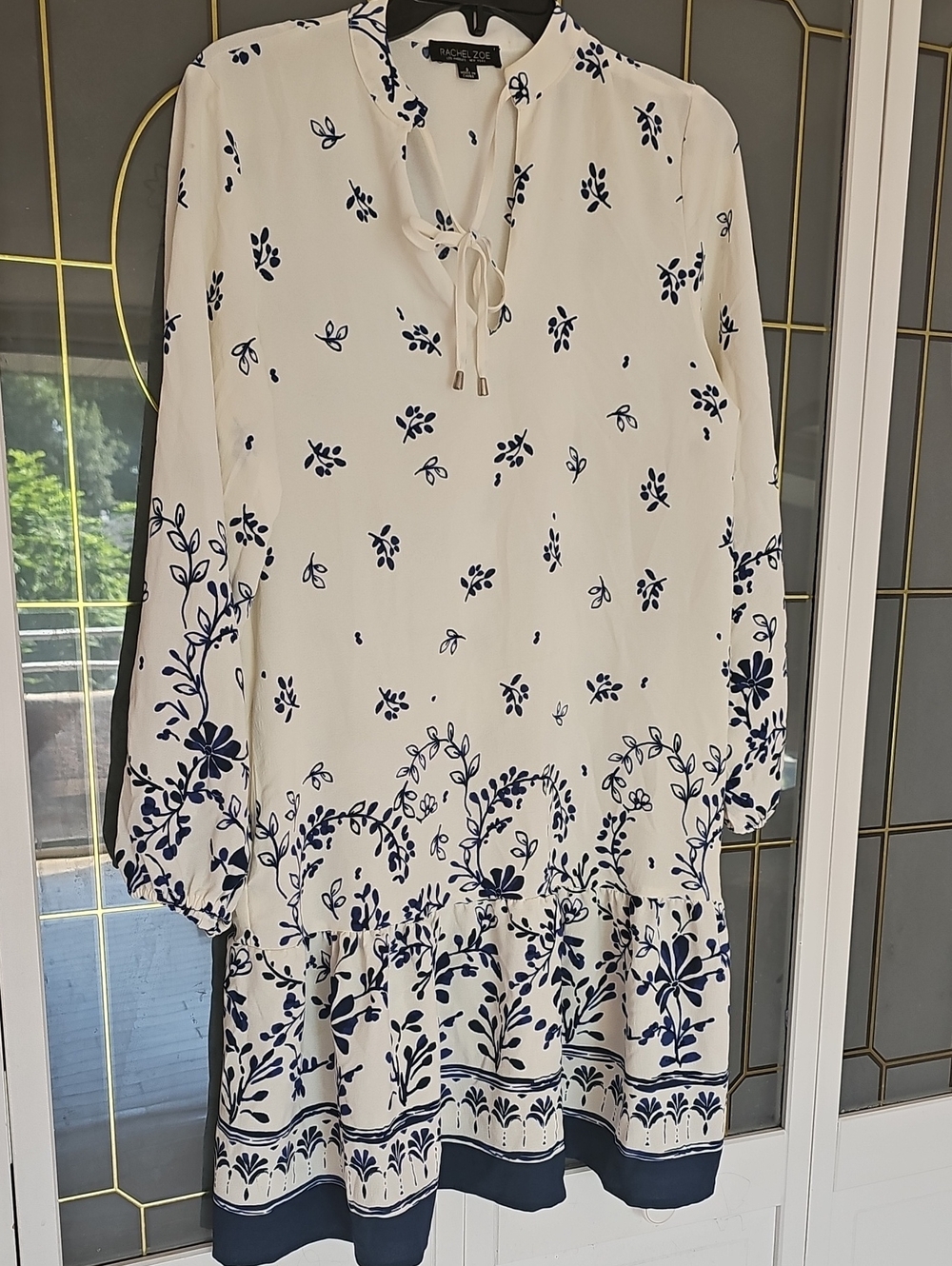 Ivory and Navy Floral Tie-Neck Women’s Dress
